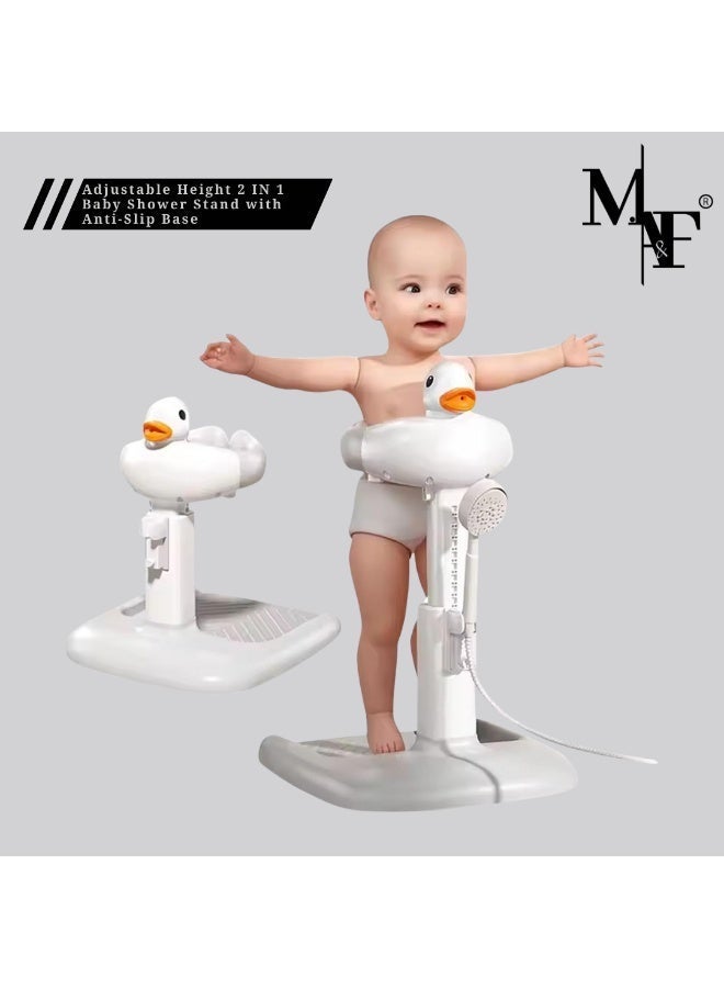 M.A&F's Baby Shower Stand with Small Stool, Adjustable Height Duck Bathing Station with Non-slip Base, Portable Bathing Assistant, Smart Water Flow Hug Tower Bath Shower Stand, Hugable Bear Bathing St